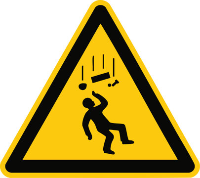 Falling objects warning sign a standard yellow triangular hazard symbol with a black silhouette depicting a person being struck by falling debris suitable for safety regulations and industrial environ