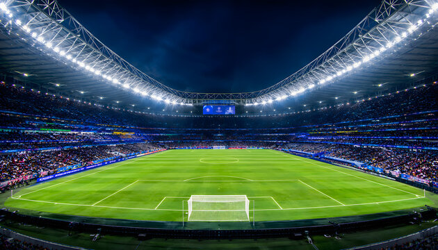 夜空の下でライトに照らされた巨大サッカースタジアムの全景