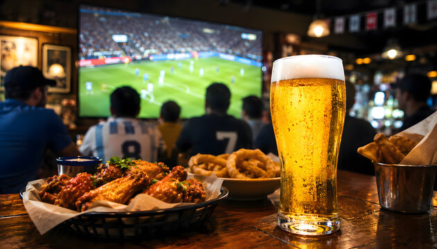 スポーツバーでビールと料理を楽しみながらサッカー観戦する人々