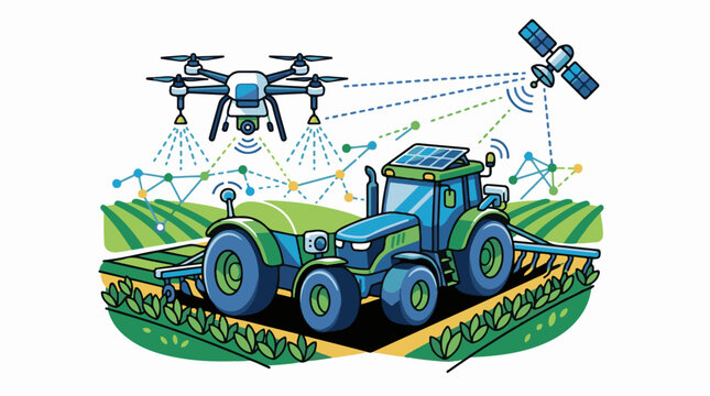 Futuristic farm with drone satellite and solar-powered tractor