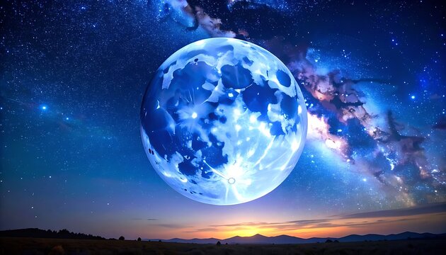Giant glowing blue pixelated moon in starry night sky over distant city skyline and silhouetted field, digital art