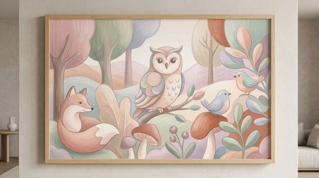A colorful, whimsical illustration of an owl, fox, and birds in a forest setting with pastel colors and soft textures.