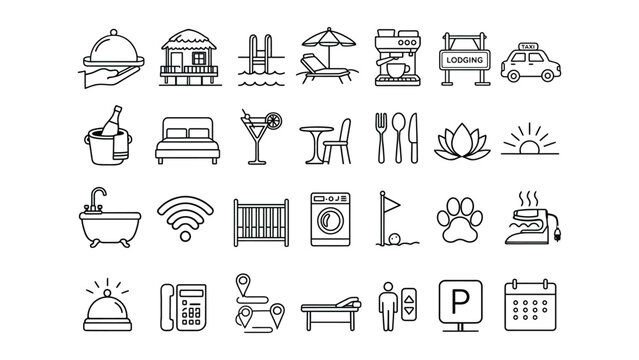 Modern hotel and travel outline icons illustrating hospitality services vacation amenities and lodging accommodations vector art