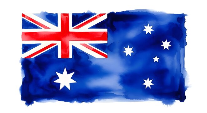 Artistic watercolor painting of the Australian national flag with vibrant blue and red pigment wash.