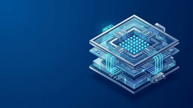 Isometric glowing microprocessor chip on dark blue background