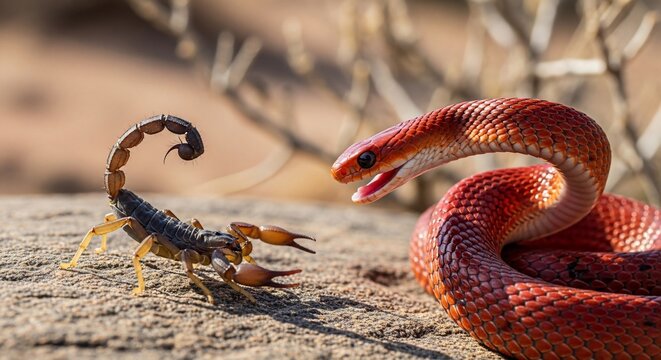 Scorpion and snake confrontation on rocky ground