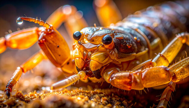 Close-up of centipede insect on ground with dirt and debris