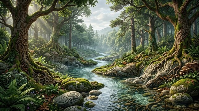 A serene, mystical forest landscape with a winding river, lush greenery, and ancient trees, set against a misty, ethereal sky.