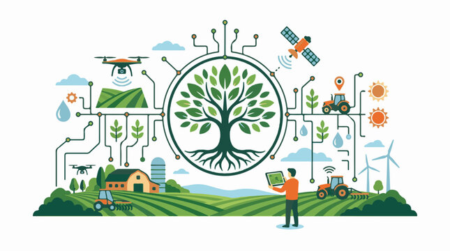 Futuristic farm management with tech integration and sustainable resources