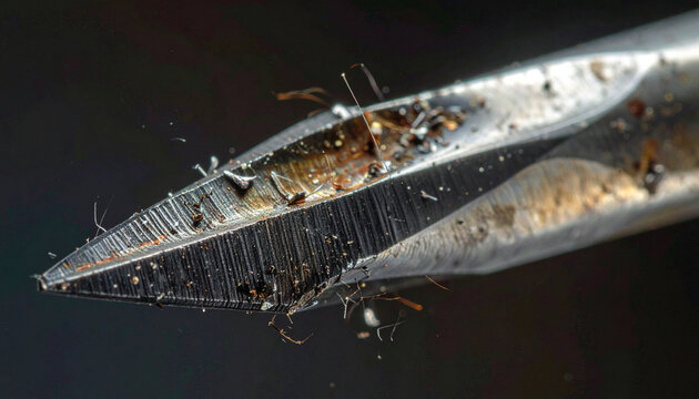 Close-up of dirty tweezers with debris on tip