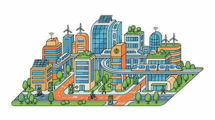 Fototapeta premium Futuristic eco-city with solar panels wind turbines and monorail (1)