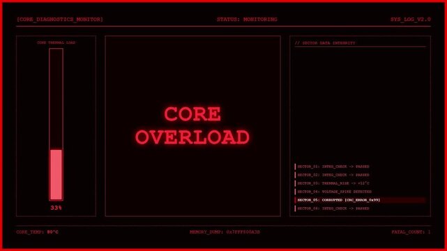 Core Overload System Failure Alert Critical Hardware Error Data Corruption Animation.