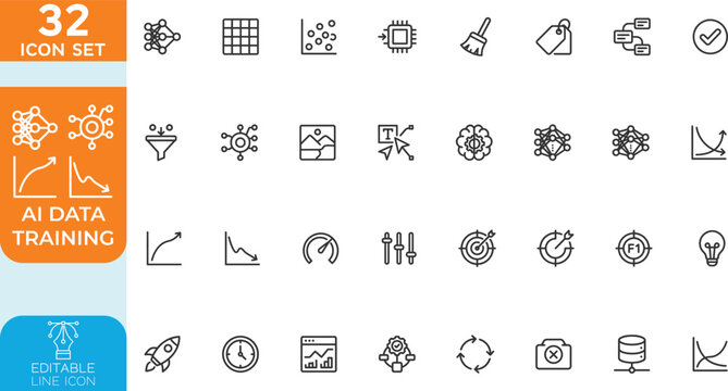 AI Data Training line editable Vector illustration icon set. neural networks, deep learning, big data processing, and algorithm development. on transparent background.