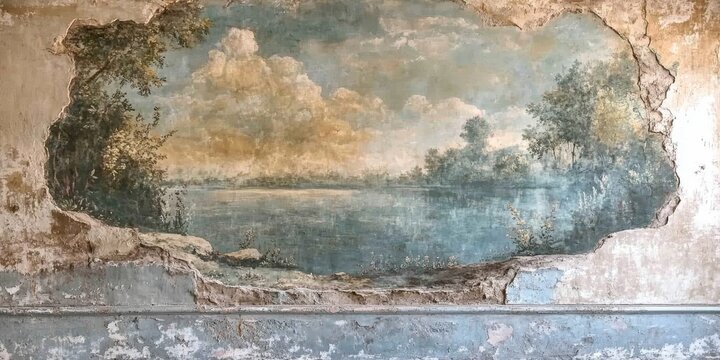 Grunge old fresco painting on a shabby antique wall with a scenic landscape view of a lake