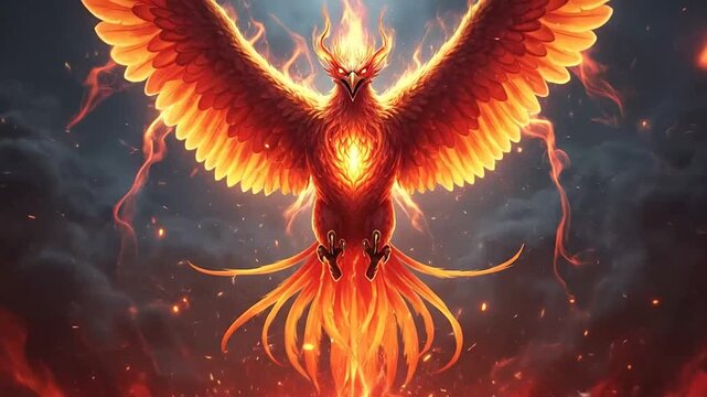 A majestic mythical bird rising from the flames in a dark sky