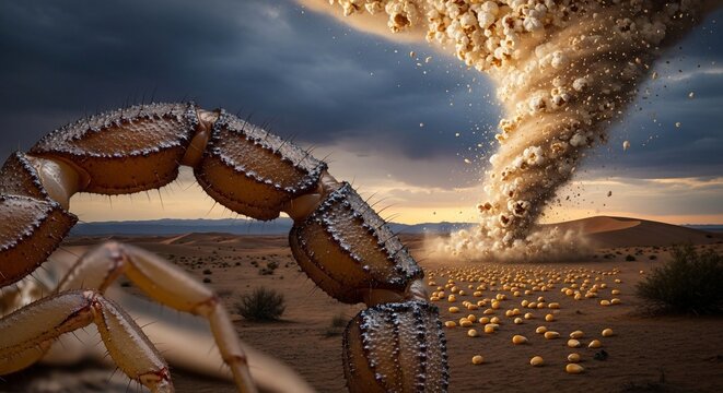 scorpion in desert landscape with sand tornado and yellow objects