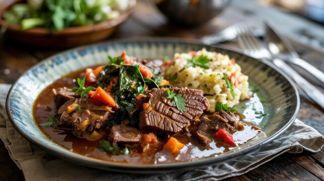 Zimbabwean cuisine. 
Highfield-ye-reje. Juicy beef stew stewed with local leafy greens. The dish is traditionally served with Sadza, a porridge made from white corn flour.