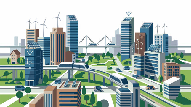 Futuristic cityscape with clean energy monorails and smart transportation