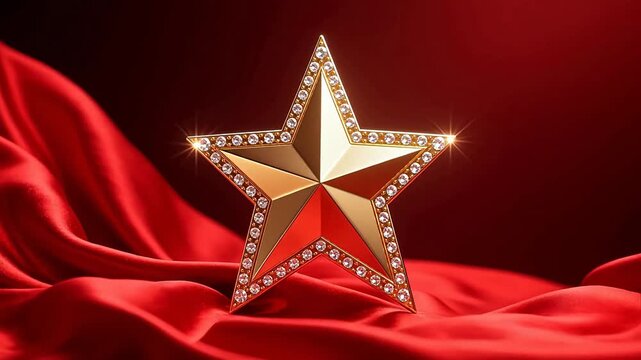 Golden star with diamonds on red satin