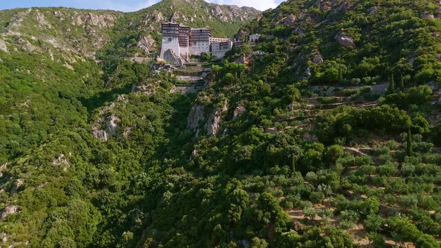 Aerial View of Simonos Petra Monastery, Mount Athos, Greece