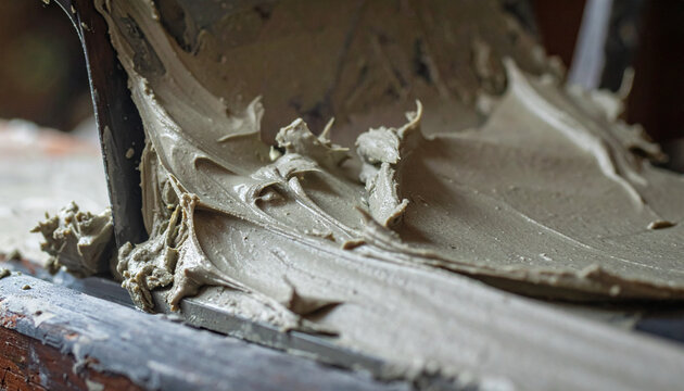 Cement mixture on a metal edge close-up