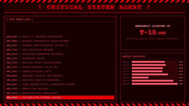Critical System Alert Emergency Lockdown Countdown Error Log Animation.
