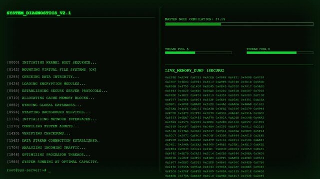 System Diagnostics Boot Sequence Hex Memory Dump Terminal Animation.