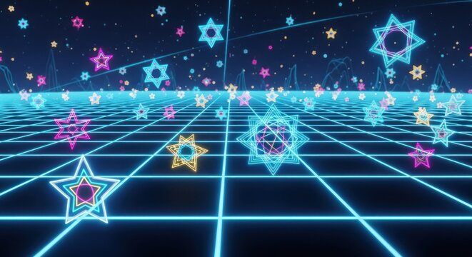 Glowing neon geometric shapes float above an infinite wireframe plane in a dark digital space.