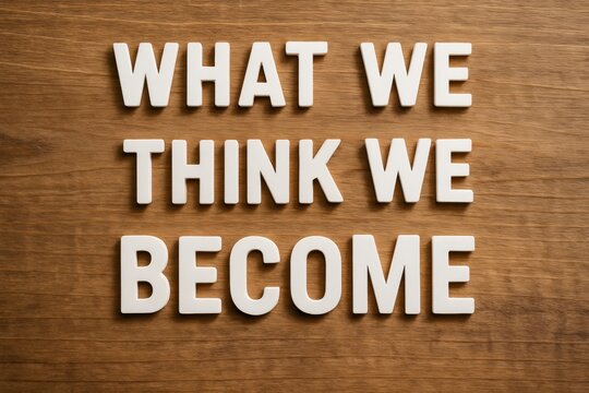 Inspirational quote WHAT WE THINK WE BECOME with white letters on a warm wooden background, representing positive mindset and personal growth. Ideal for motivation, self-help, and business content.