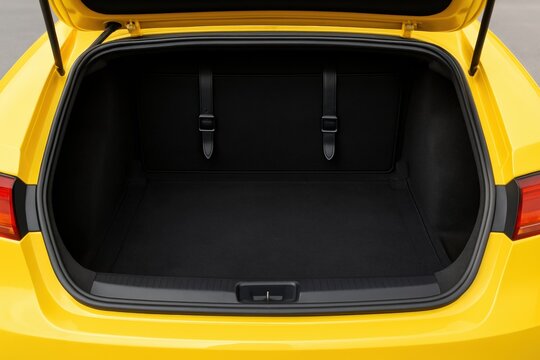 View into the clean, empty trunk of a vibrant yellow car, showcasing its spacious black interior and practicality. Ideal for travel or storage concepts.