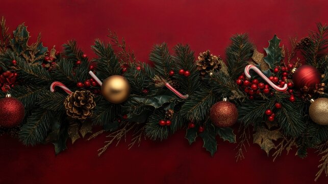 Festive Christmas garland with pine, holly, candy canes, and ornaments on a red background.