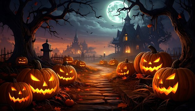 Halloween pumpkins with glowing faces line a path leading to a haunted house under a full moon, spooky autumn night atmosphere