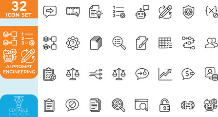 AI Prompt Engineering line editable Vector illustration icon set. Generative AI, Prompt Optimization, and Model Guidance. Modern icons for large language models, AI interaction, and context control © MdAbdulMomin