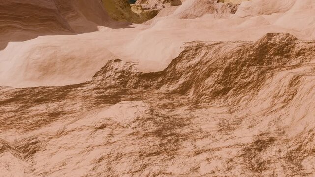 3D animation fly-through over a brown rocky canyon landscape or desert mountains