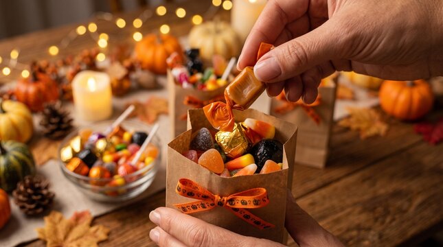 Hands picking colorful candies from a festive treat bag, surrounded by autumn decorations and glowing candles on a rustic wooden table, evoking a cozy fall holiday spirit