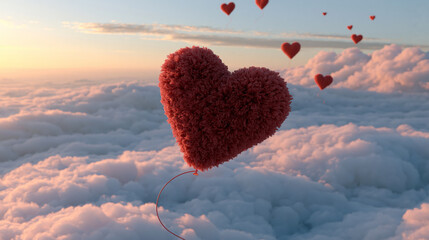 Fototapeta premium Romantic Red Heart Balloon In Dreamy Cloudscape