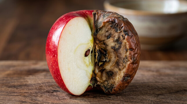 Half fresh half rotten apple on wooden surface showing contrast of decay and freshness with natural texture and seed visible