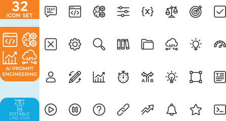 AI Prompt Engineering line editable Vector illustration icon set. Generative AI, Prompt Optimization, and Model Guidance. Modern icons for large language models, AI interaction, and context control © MdAbdulMomin