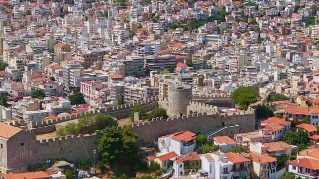 Aerial View of Kavala Old Town and Fortress, Kavala, Greece