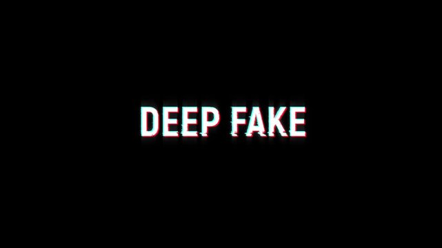 deep fake text glitch word animation with a vintage noise effect. looped message text deep fake glitch typography animated 4k video on black background