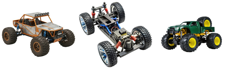 Three remote control off-road vehicles, including a dune buggy, a chassis, and a monster truck, isolated on a white background. © N