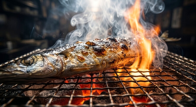 Cinematic Action Shot of Authentic Japanese Autumn Pacific Saury Sanma Grilling on Binchotan Charcoal with Dramatic Smoke