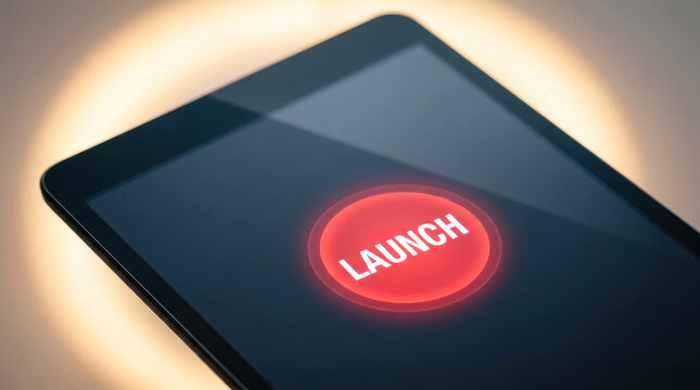 Launch button on tablet screen glowing red light, technology concept for starting or initiating action with modern device