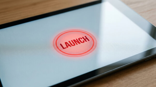 Launch button on tablet screen with red glow, technology concept for starting or activating digital process or application