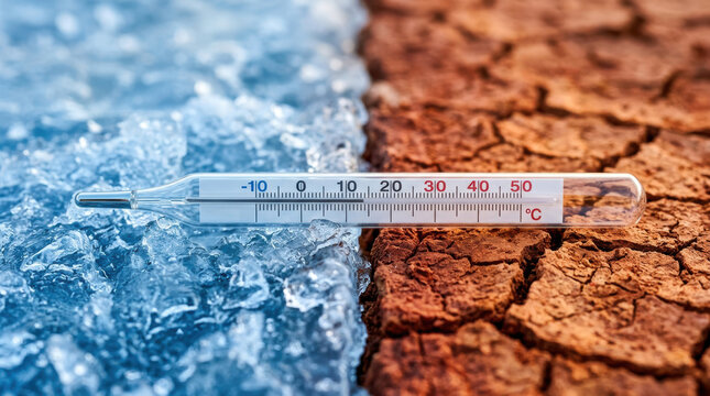 Thermometer on cracked dry soil and ice showing temperature contrast between hot and cold environment