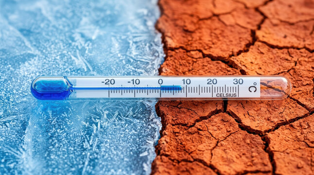 Thermometer on cracked dry soil and frozen ice surface showing temperature contrast between hot and cold environment