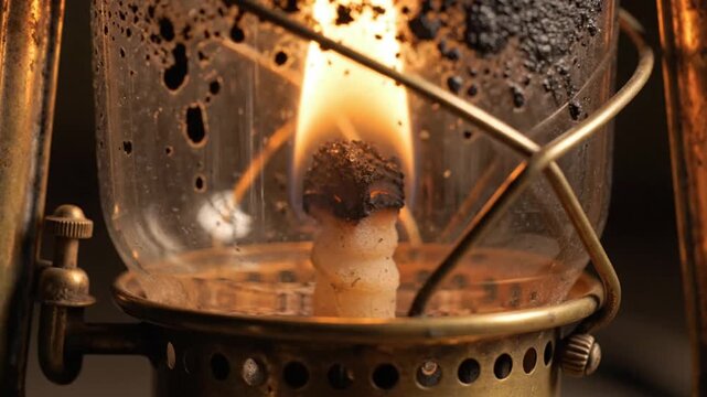 Close up shot of a burning wick inside a vintage brass kerosene lamp glowing in the dark as a source of emergency light in a rustic environment