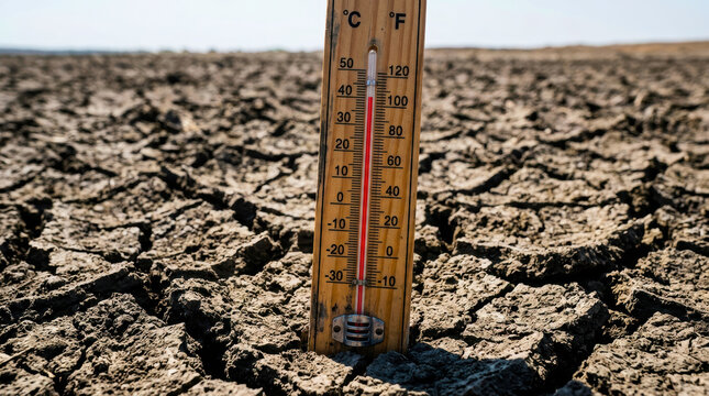 Thermometer showing rising temperature in dry cracked soil under clear sky, symbolizing drought and extreme heat conditions