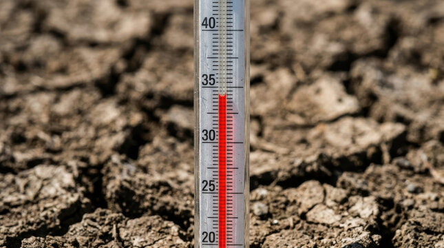 Thermometer showing rising temperature over dry cracked soil indicating heat and drought conditions in nature