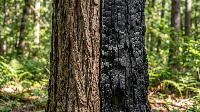 Tree trunk divided vertically showing natural bark and burnt blackened wood in forest environment with green foliage
